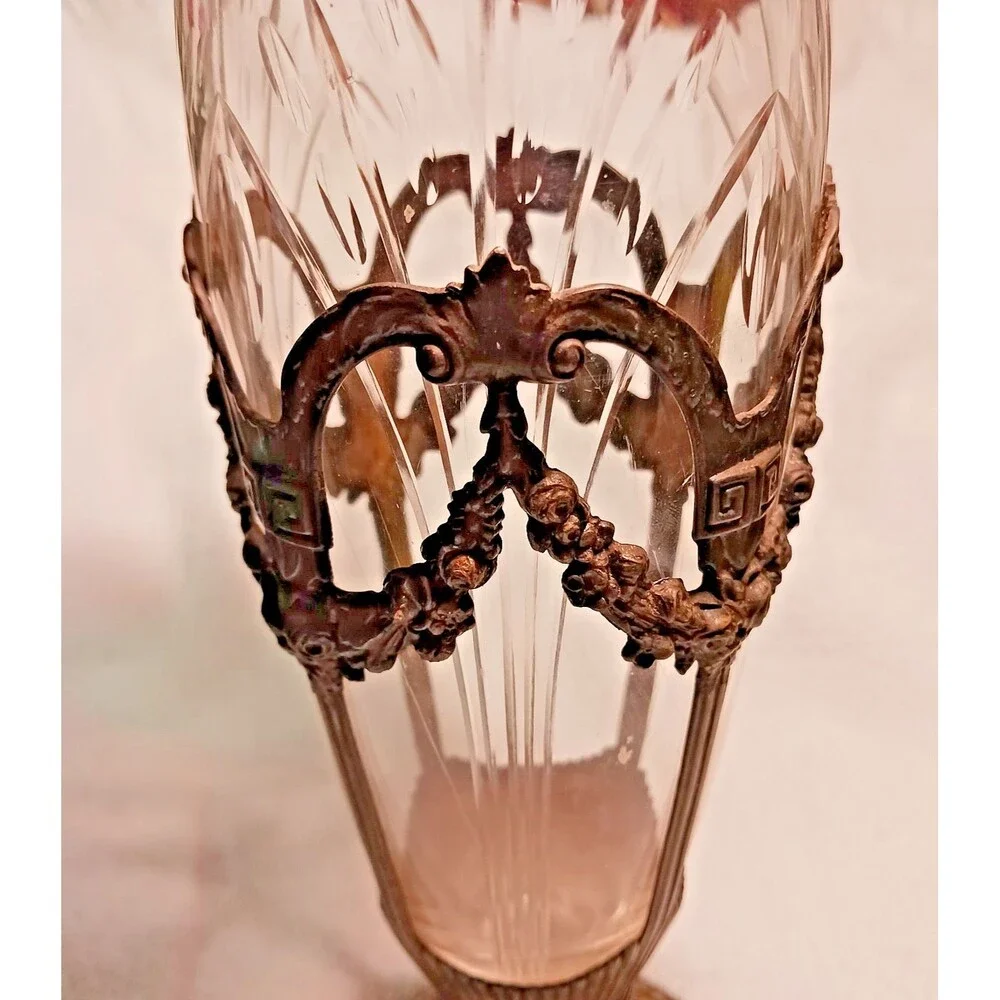 Vintage  Art Nouveau vase features a cut crystal insert floral garland holder